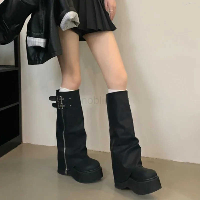 Autumn Winter Chunky Wen Knight High Boots Fion Platform Flats Trouser Long Booties Fem Wern Cowboy Shoes Z250304
