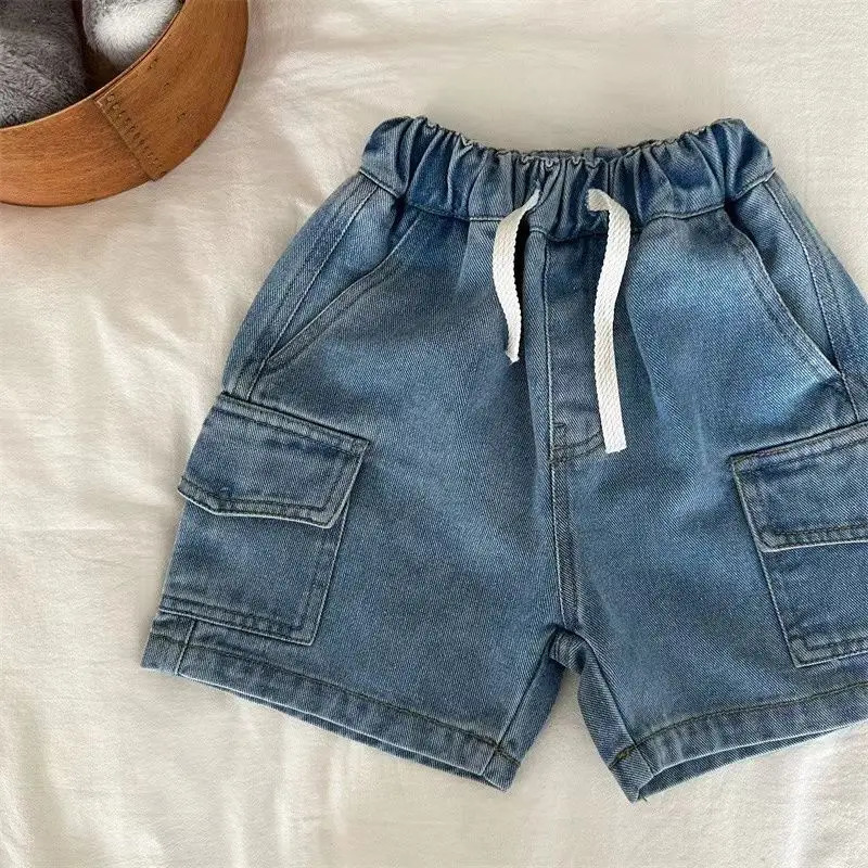 Boys Girls Denim Shorts Summer Elastic Waist Drawstring Solid Color Pocket Cargo Jeans Baby Casual 250303