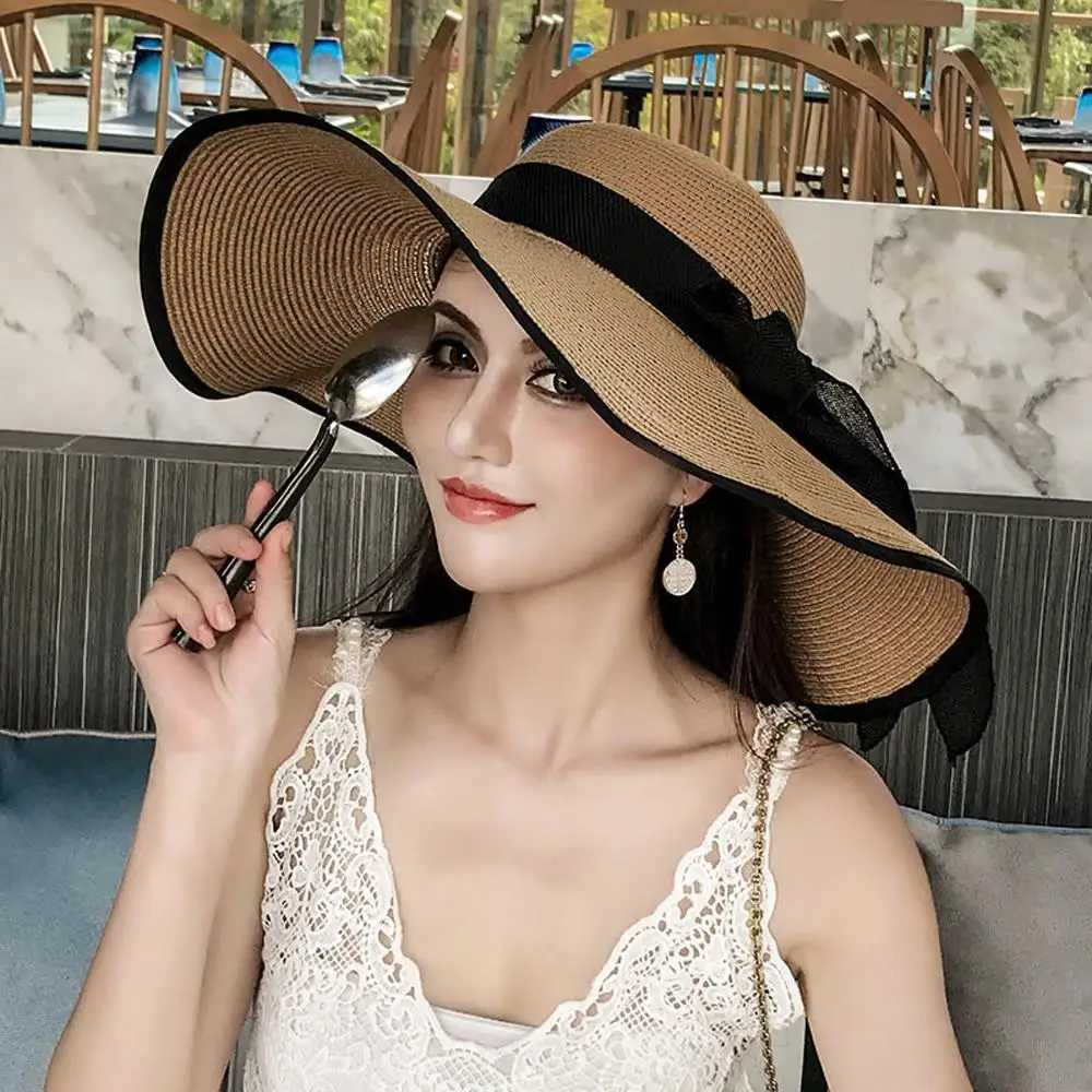 Outdoor Seaside Womens Fashion Big Bow Brimmed Sun Protection C Folding Str HatXJ250304