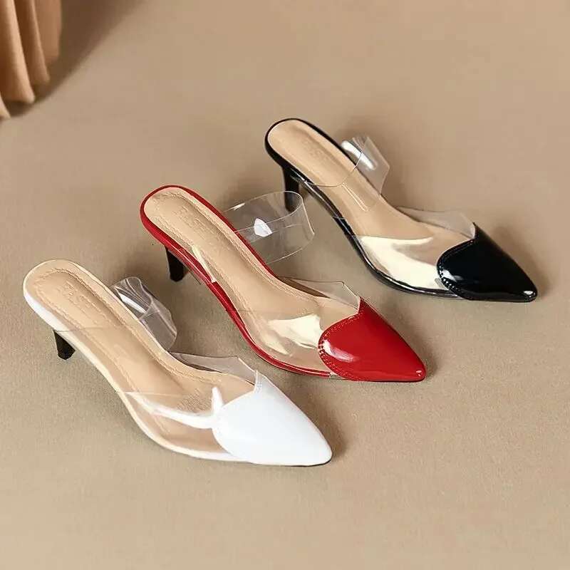 Pointed Toe FHC Slippers,High Heeled Summer Shoes,Transparent PVC Slides,Outside Wearing,Slip On,Black,White,Red,35-40,Dropship