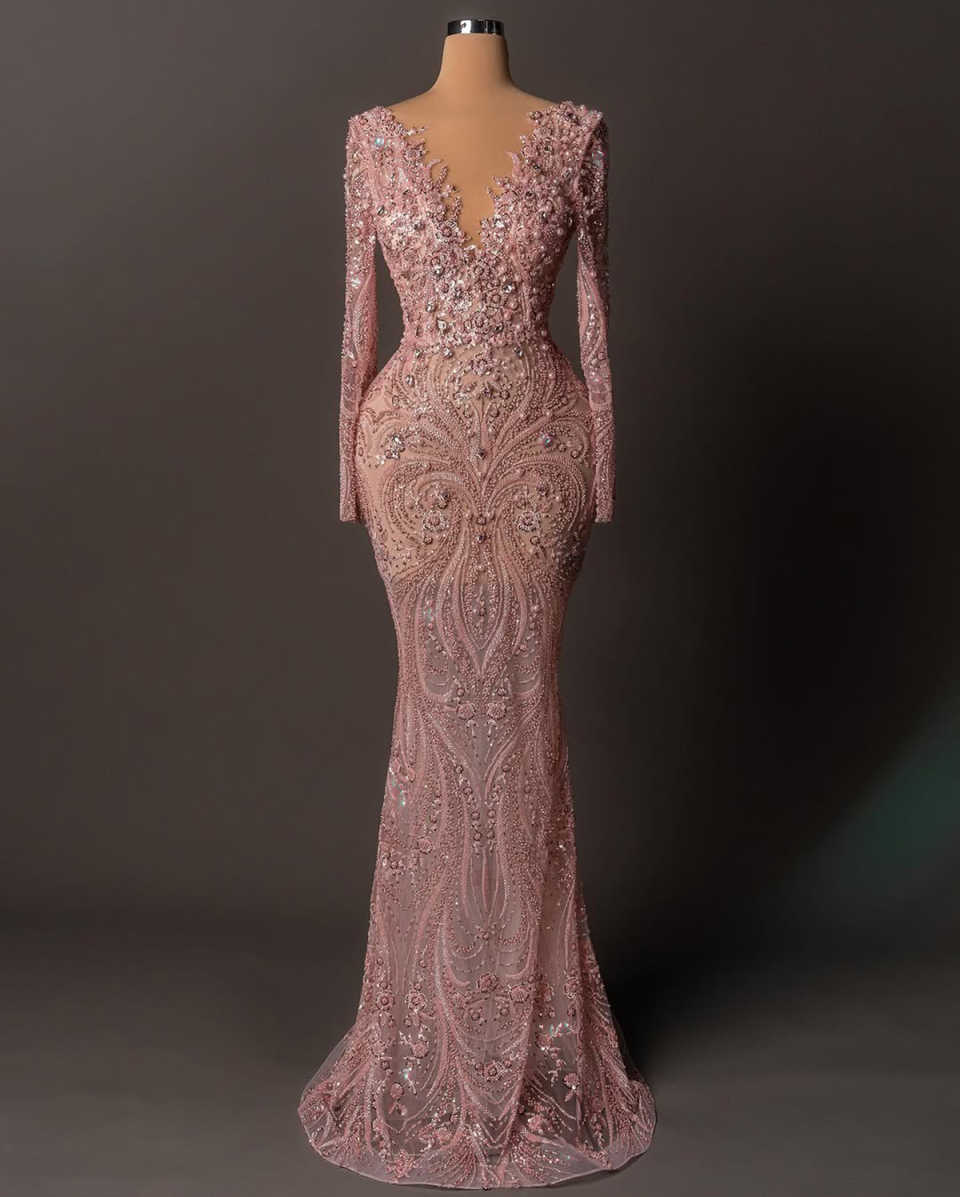 Evening Dresses For Women Sheer Neck Long Sleeves Gown Sequins Beaded Crystal Party Customized Dress