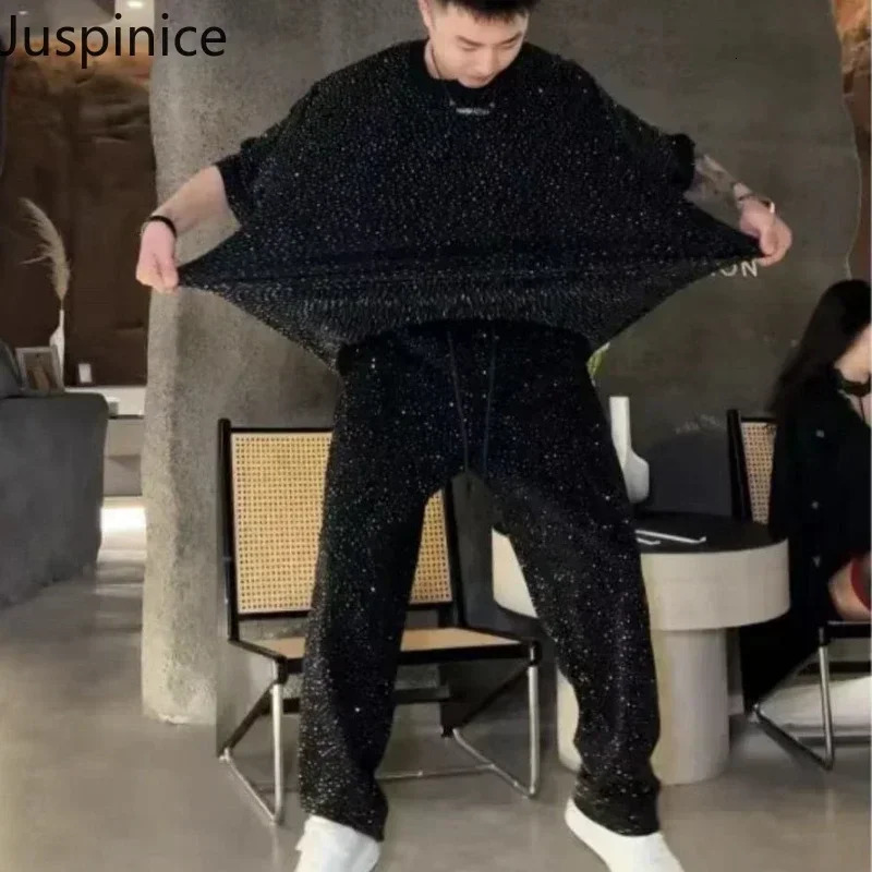 Summer Personalized Short-sleeved T-shirt Trousers Suit Mens Loose Casual High Street Personalized Tops Pants Male Clothes 250303