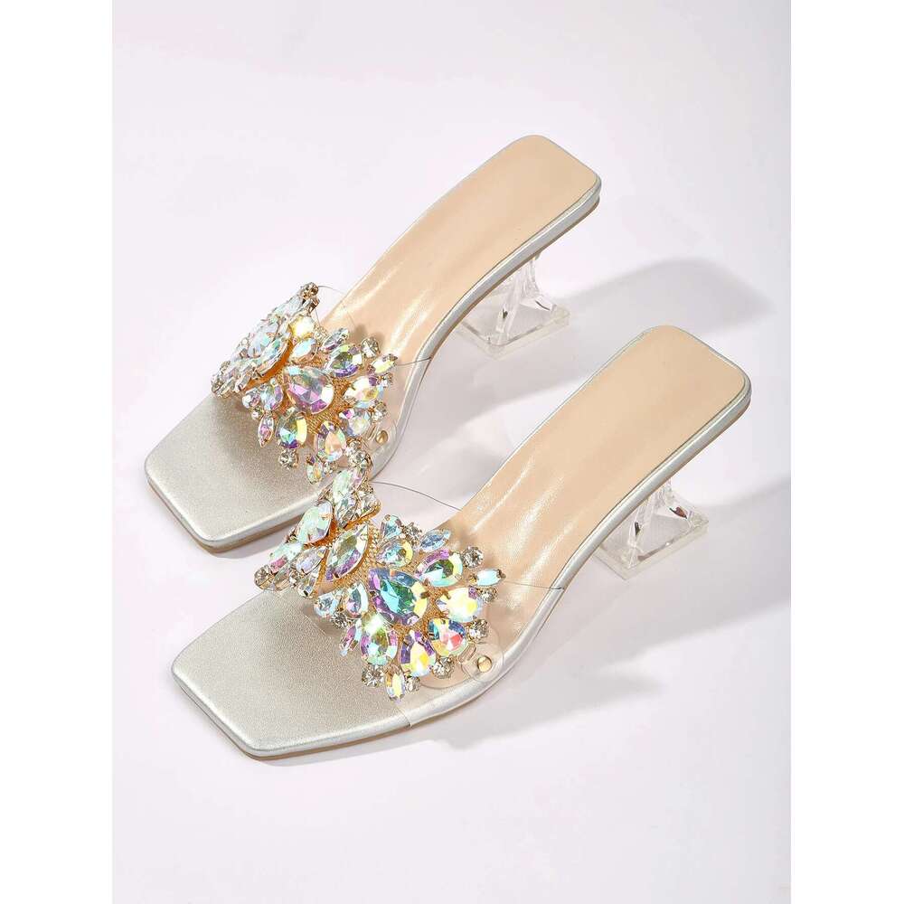 Sier Summer Bright Transparent Crystal Half Trailer High Heel with Thick Heels and Large Sized Outwear Fashion Sandals