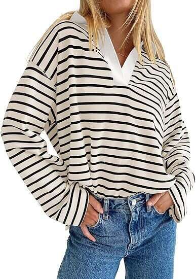 European American autumn and winter striped V-neck contrasting loose long sleeved sweatshirt jacket 2025 new casual versatile fashion clothing