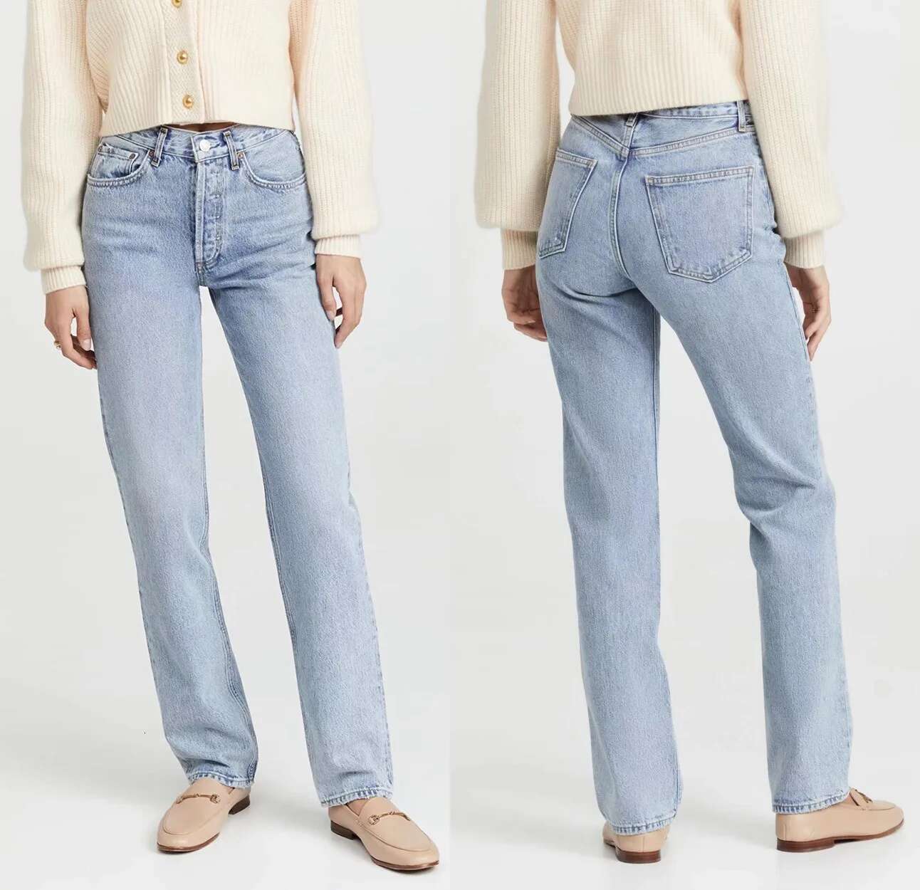 2023 New Women High Waisted Denim Pants Fashion Casual Straight Light Blue Jeans Streetwear