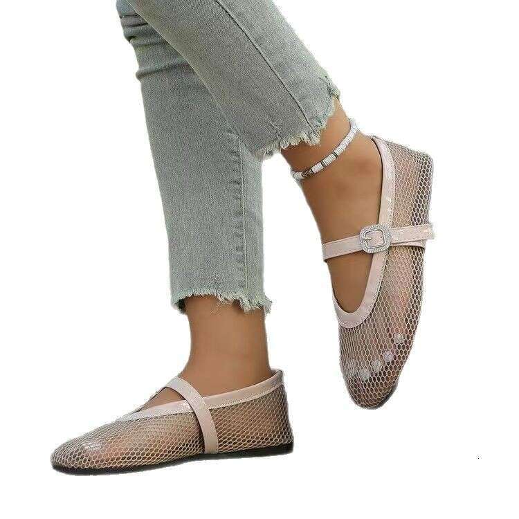 Large size rhinestone buckle hollow ballet flat bottom fashion spring and autumn summer round toe single shoe