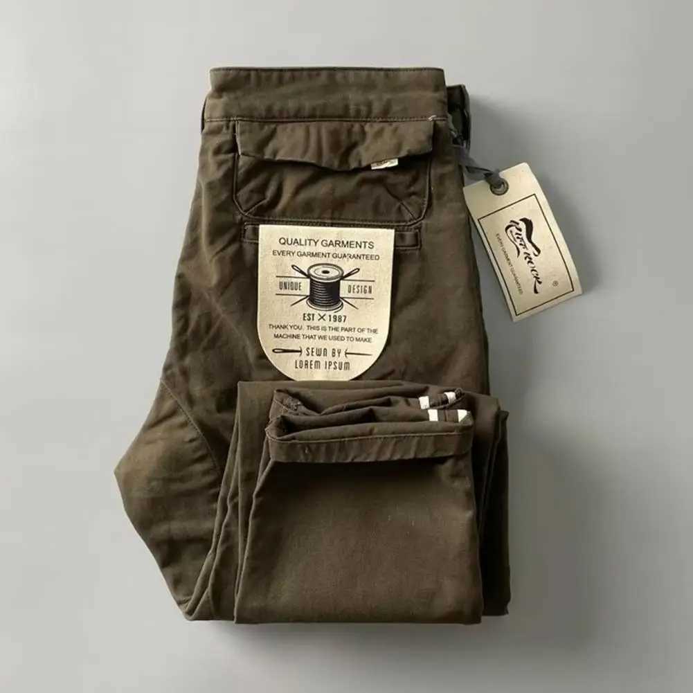 Mens Pants Mid Waist Loose Solid Color Multi Pockets Slim Fit Wear-resistant Button Zipper Closure Retro Breathable Straight SoftXJ250303