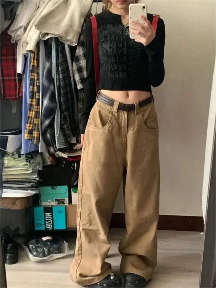 HOUZHOU Y2k Vintage Brown Woman's Cargo Jeans Oversize Japanese 2000S Style Spring Trousers Haruku Korean Wide Denim Pants