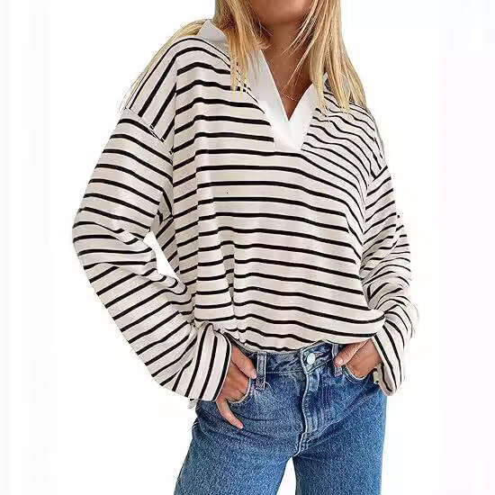 European American autumn and winter striped V-neck contrasting loose long sleeved sweatshirt jacket 2025 new casual versatile fashion clothing