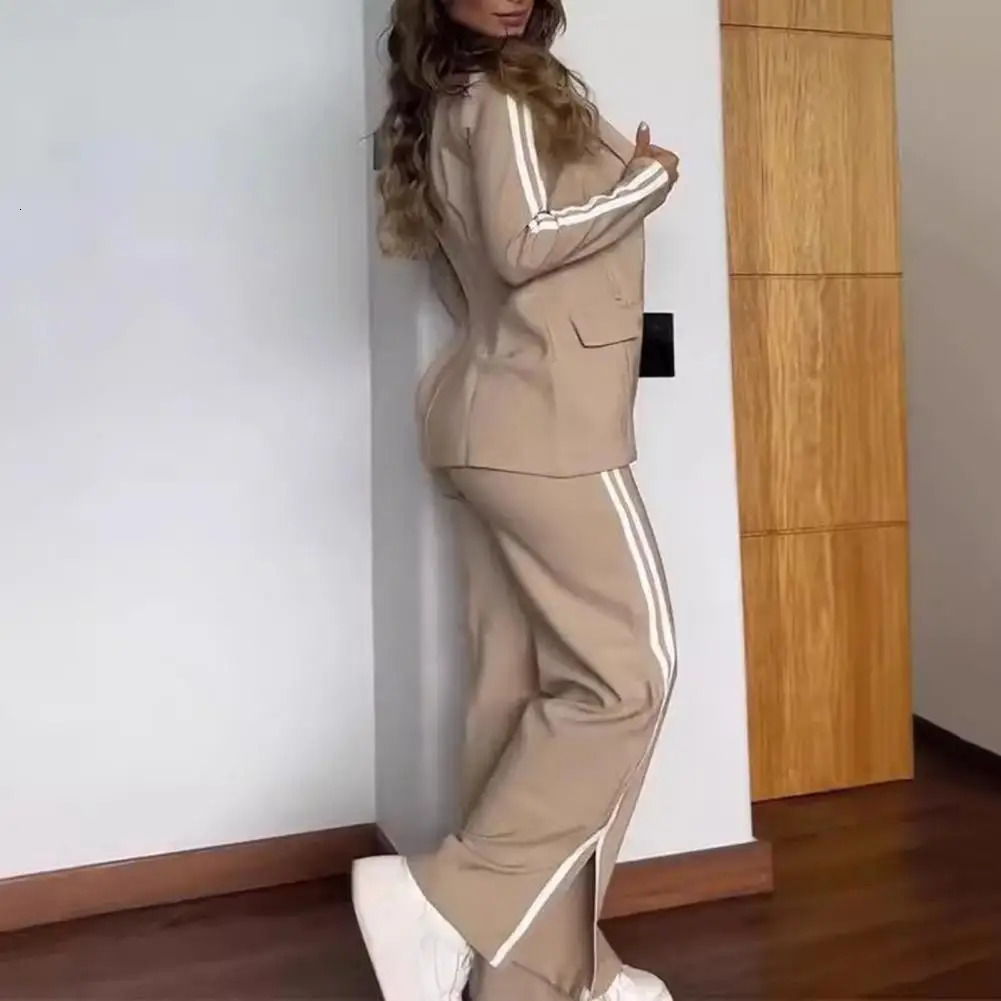 2 PcsSet Womens Blazer Formal Coat Pants Set Autumn Winter Long Sleeves Jacket Loose Striped Wide Leg Casual Suit Outfit 250225