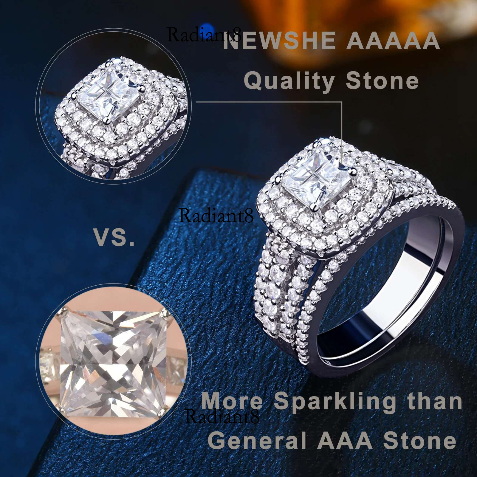 Newshe Sterg Sier Halo Wedding Ring Set for Women Elegant Jewelry Princess Cross Cut Simulated Dia Rings