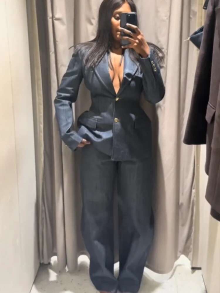 Casual Denim 3 Pieces Blazer Jacket Sets Women 2025 Spring Notched Suitss Coat Street Vest Wide Leg Pants Lady Suits