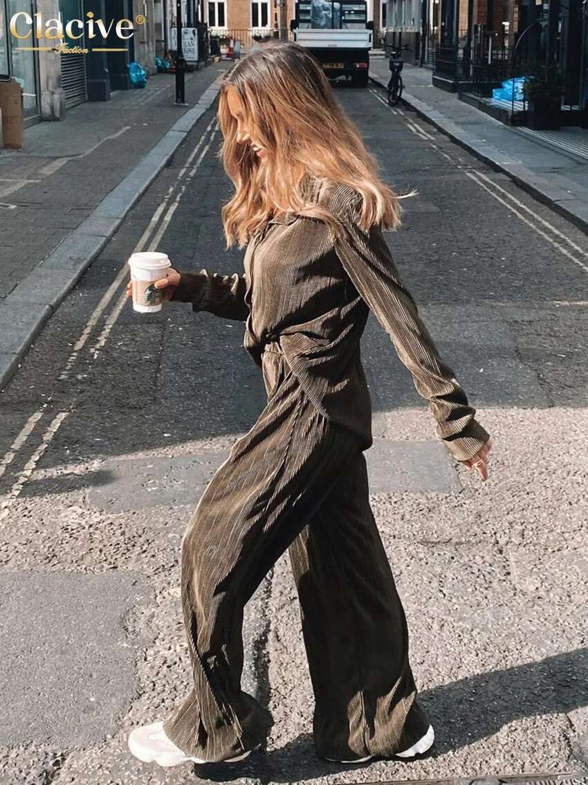 Clacive Casual Loose Shirts Pants Set Woman 2 Pieces Elegant Brown High Waist Pant Fashion Pleated Home Wide Trouser Suits