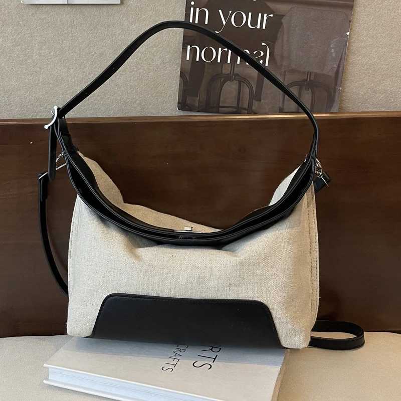 Brand Designer PU Leather and Canvas Patchwork Womens Shoulder Bag Retro Lock Crossbody Bag Hobos Handbag Y250303