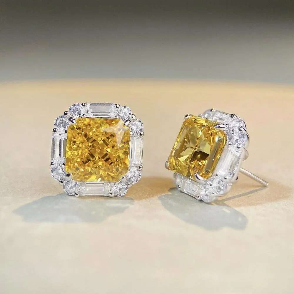 Top Quality 100% Sterg Sier 10CT Radiant Cut Citrine Sapphire High Carbon Dia Wedding Party Stud Earrings for Women