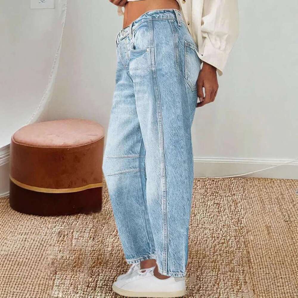 2025 Women's Vintage Patchwork Jeans Basic Fashion Pocket Straight-Leg Slacks Loose-Fit Pants