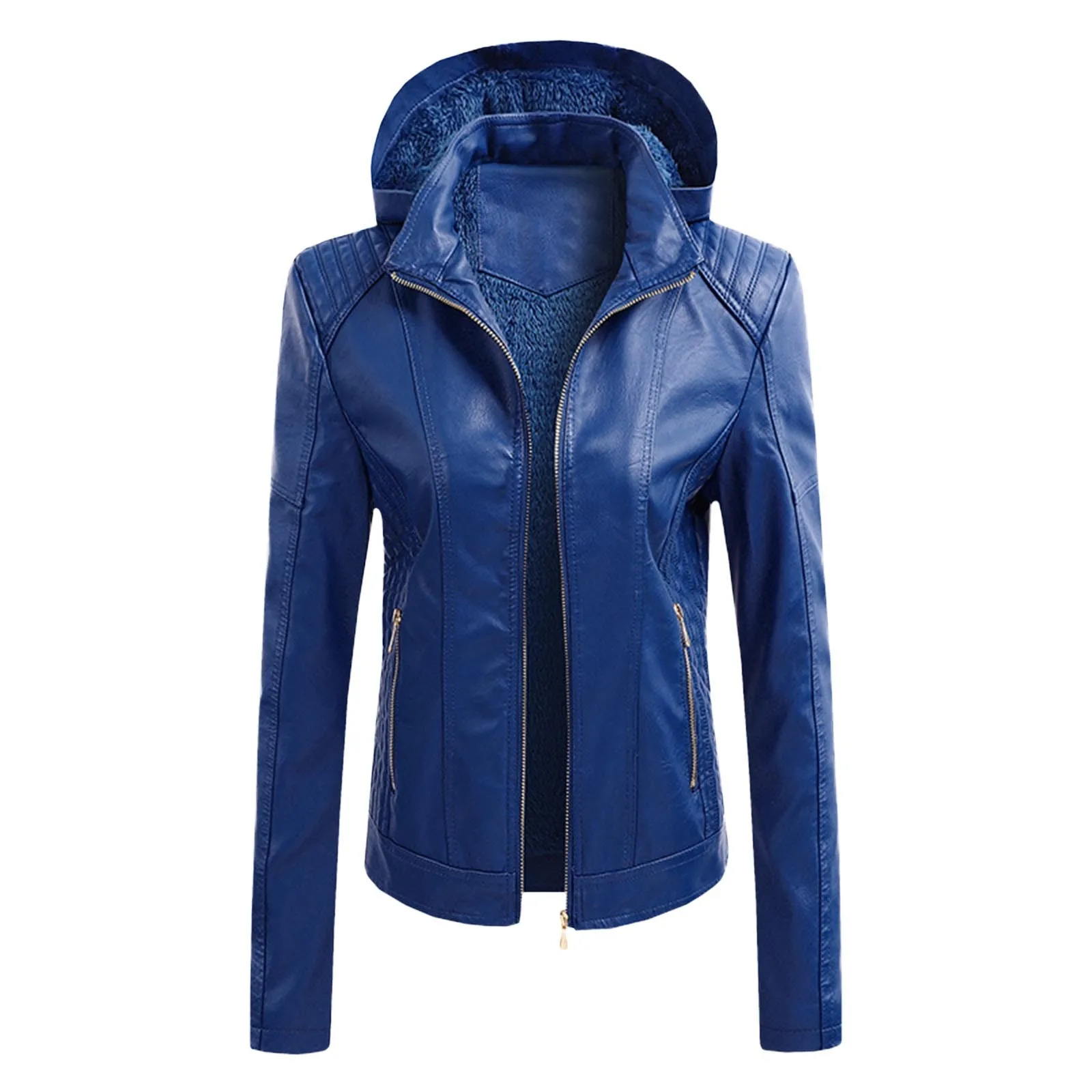 Womens long sleeved leather jacket motorcycle Pu fashionable womens with detachable hat 250226