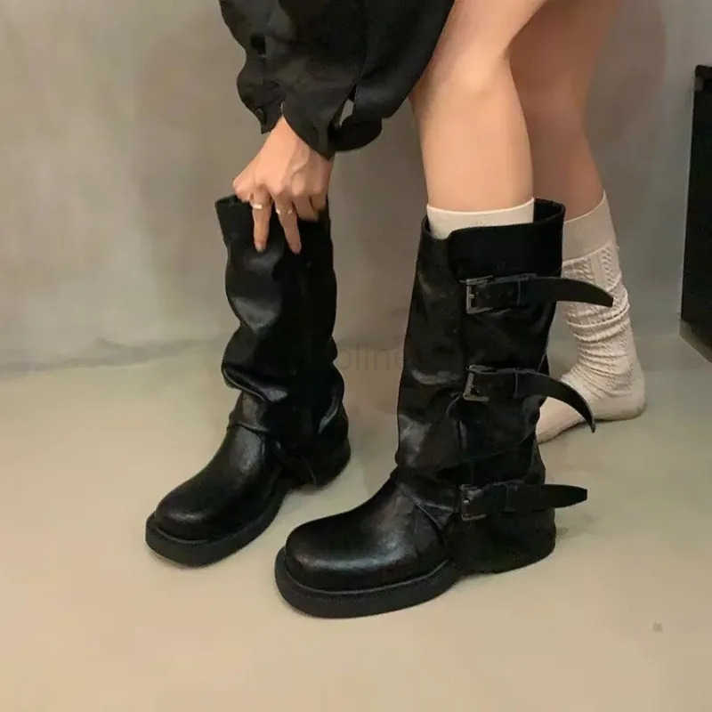 Round Toe Belt Buckle Wen Boots Fion Flat Sole Mid Calf Autumn Niche Design Patent Leather Soid Wen Shoes New Arrivals Z250304