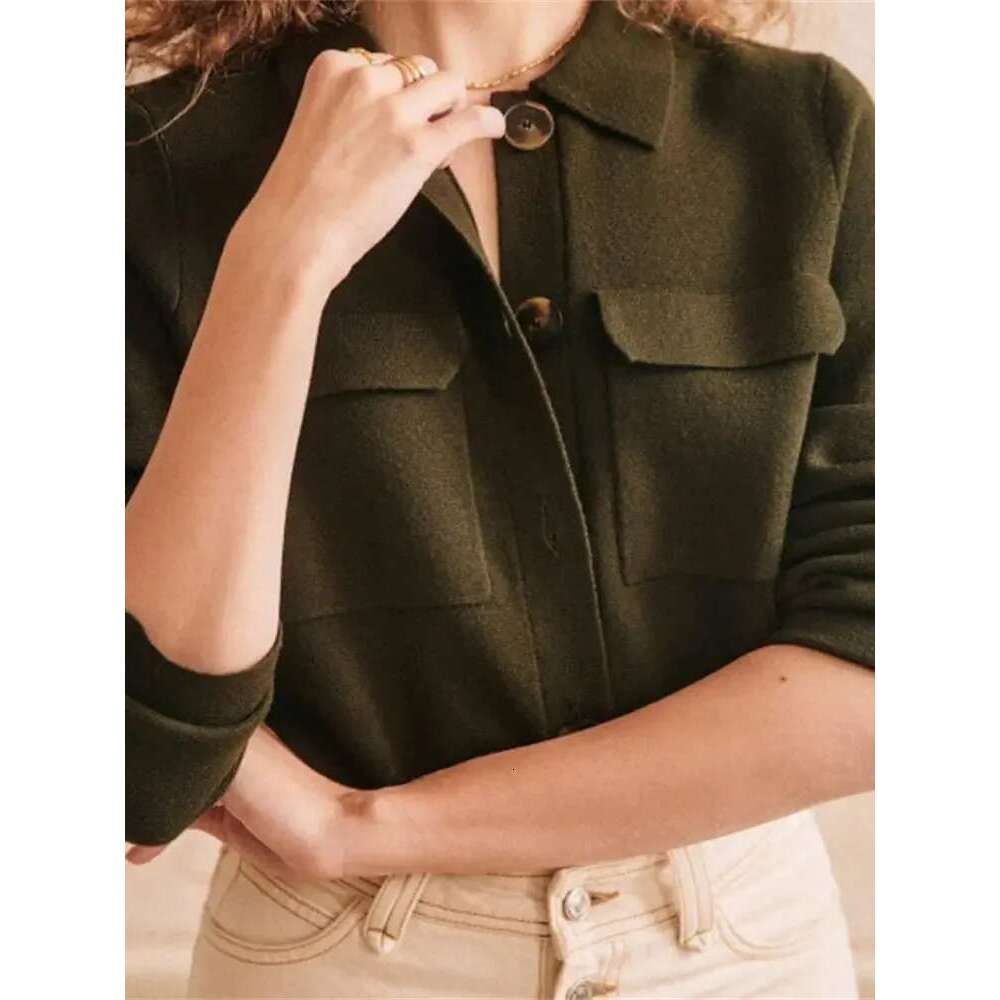 Women's Clothing Turn-Down Collar Knit Jacket Early Spring Lady Slim Single Breasted Temperament Multi-Pocket Sweater Coat Top