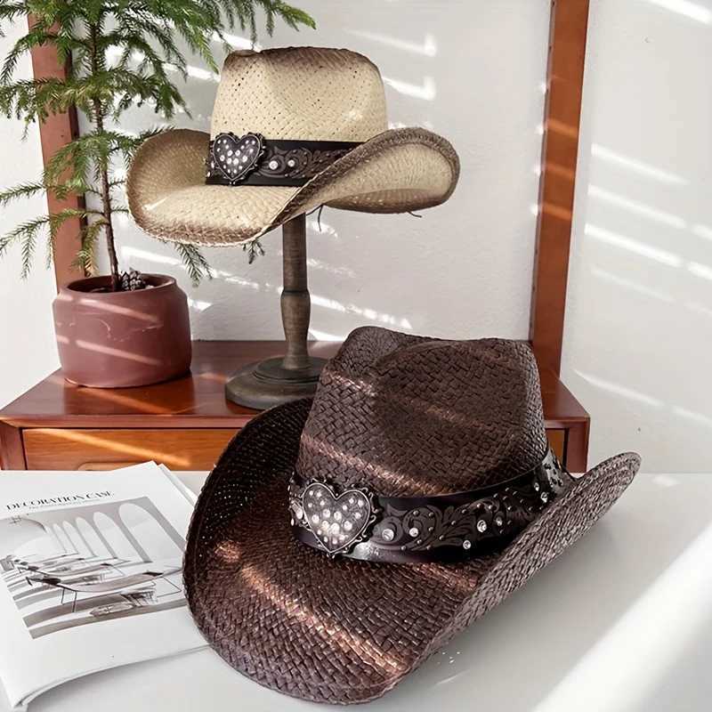 Diamond Belt Grass Knitted Knight Hat for Women Summer Outdoor Mountaineering Sunshade Sun Hat Western Cowboy Sunscreen Str HaXJ250304