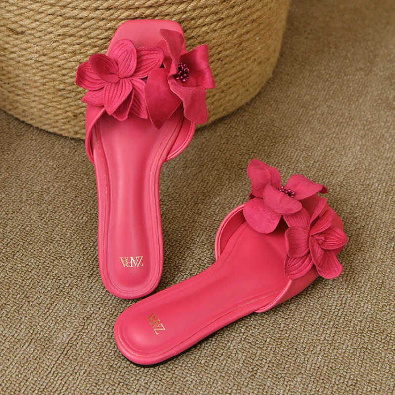 ZASummer Plus Size Wens Slippers 2024 Korean Style Fi Outer Slippers Elegant Flower Ladies Flat Slippers Chaussure Femme Z250304