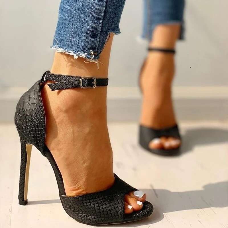 High Heel Sexy Dress Wedding Shoes Women Ankle Strap Peep Toe Heel Sandals White Super High Heels Buckle Snake Pattern Woman Pumps