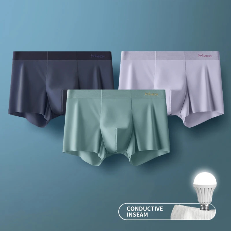 MIIOW 3Pcs Ice Silk Man Underwear Boxer Metal Fiber Antistatic Men Underpants Seamless Cut Hem Mens Panties Boxers Shorts Trunk 250303