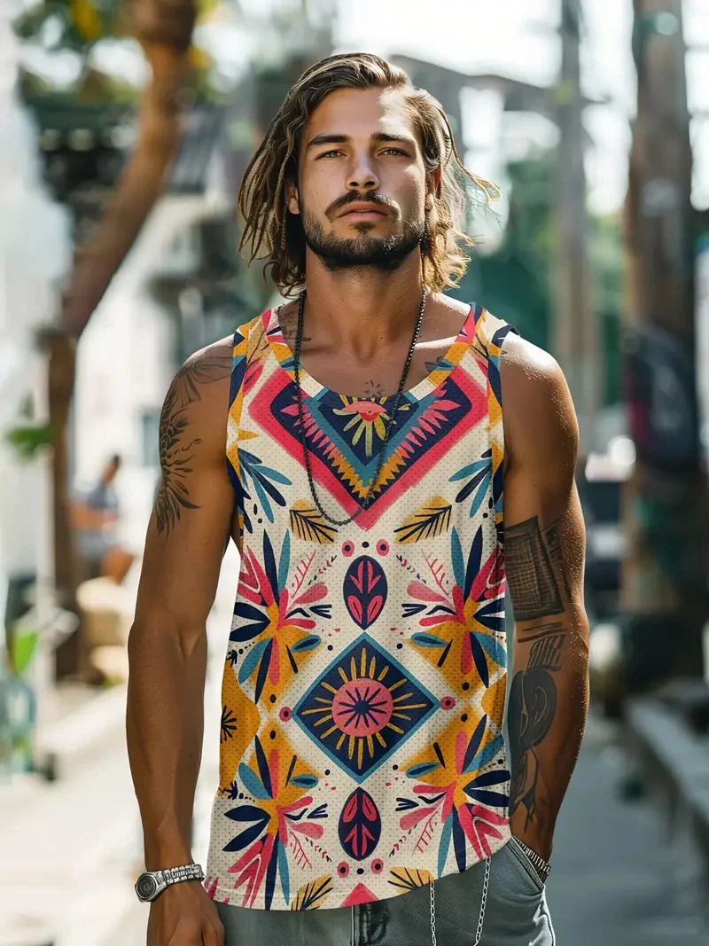 Fresh Printed Sleeveless Sports Mens Tank Top Holiday Street Fashion Round Neck Breathable Comfortable Short Sleeve Sports Tops 250304