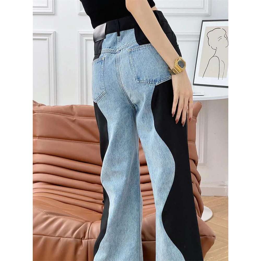 Fashion Women's Jeasn New High Waist Black Blue Wave Spliced Straight Tube Wide Leg Denim Pants Tide Autumn 2025 17A2517