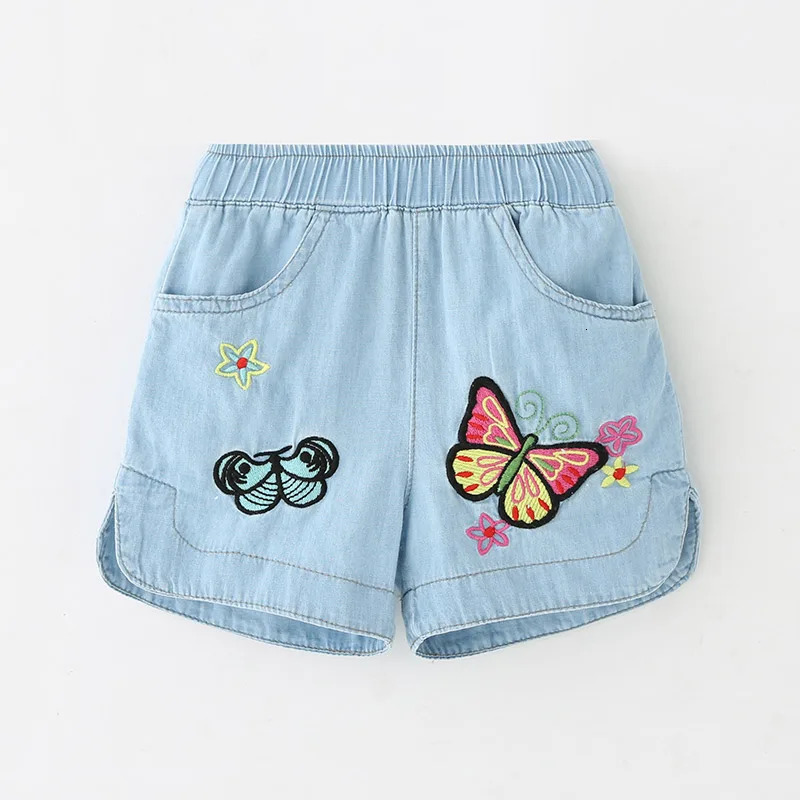 Summer Casual 2 3 4 6 8 10 12Years Children Embroidery Flower Cotton Pocket Denim Blue Shorts For Small Baby Kids Girls 250304
