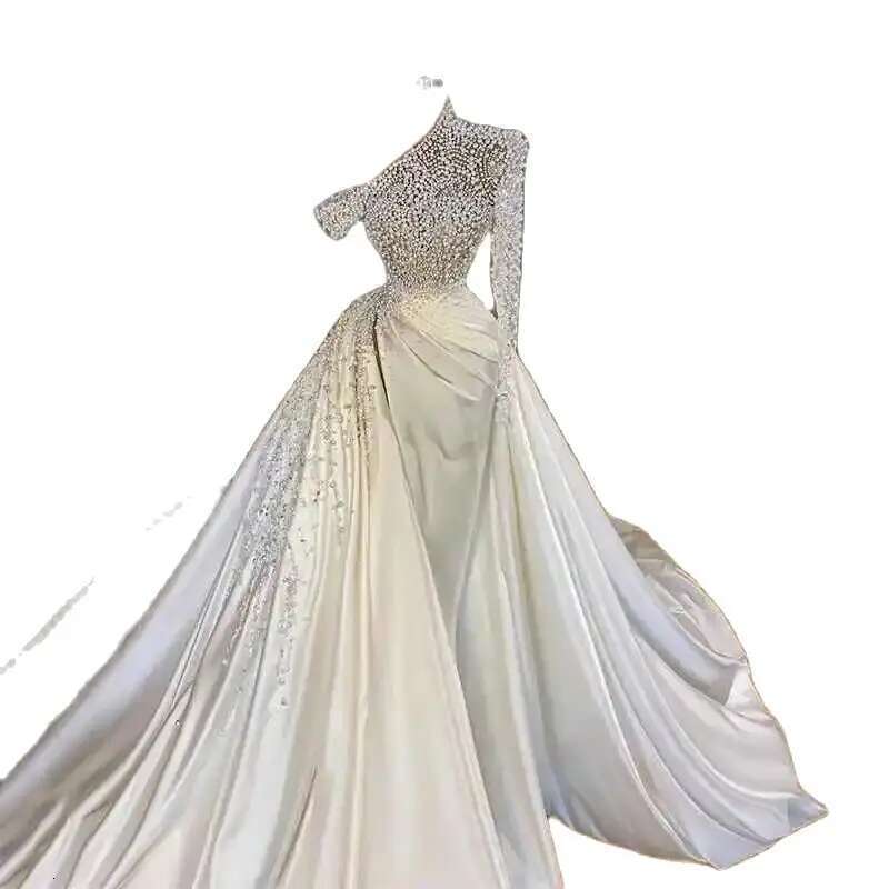 the mermaid wedding dresses pearls satin one shoulder designer detachable pleated bridal train made to order robe