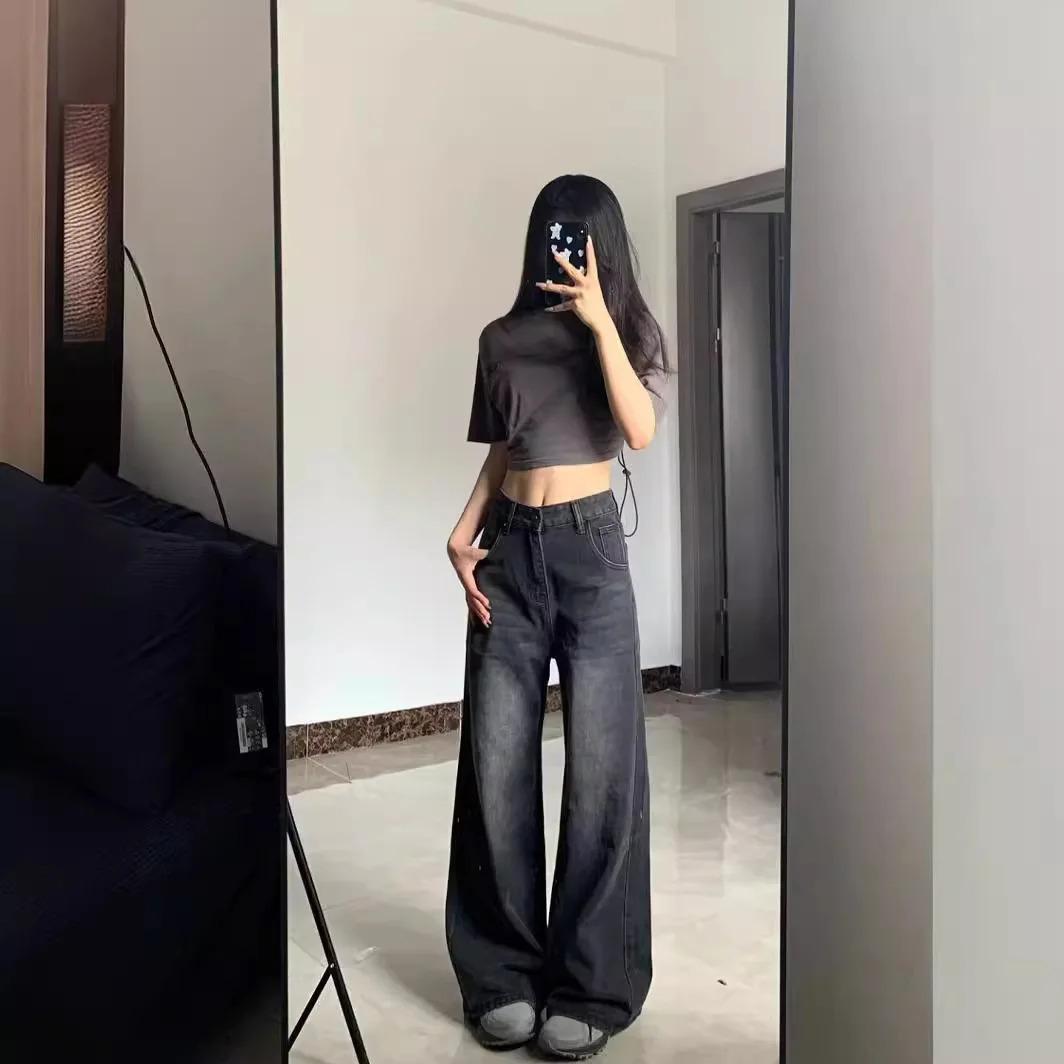 American Retro 2025 Spring and Summer Highwaist Slim Straight Wideleg Floor Pants Black Gray Jeans for Women 250227