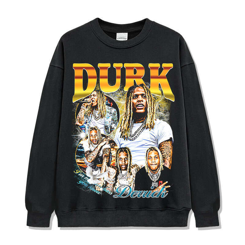 American Lil Durk printed washed T-shirt round neck long sleeved hooded sweatshirt for men