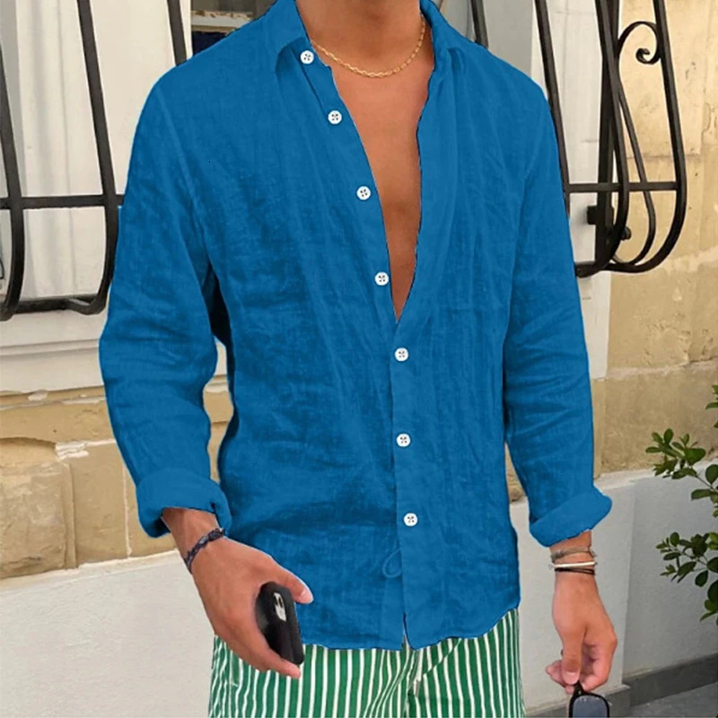 Leisure Breathable Solid Color Linen Shirt Mens Long Sleeve Button-up Turn-down Collar Casual Shirts Spring Autumn Fashion Shirt 250227