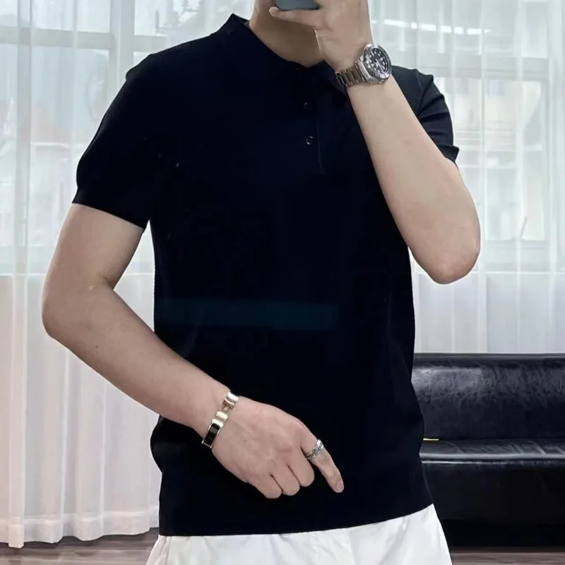 Spring Summer Fashion Elegant Flip Neck Tees Knitted Casual Versatile Western Clothing Loose Solid Mens Polo Shirts 250224