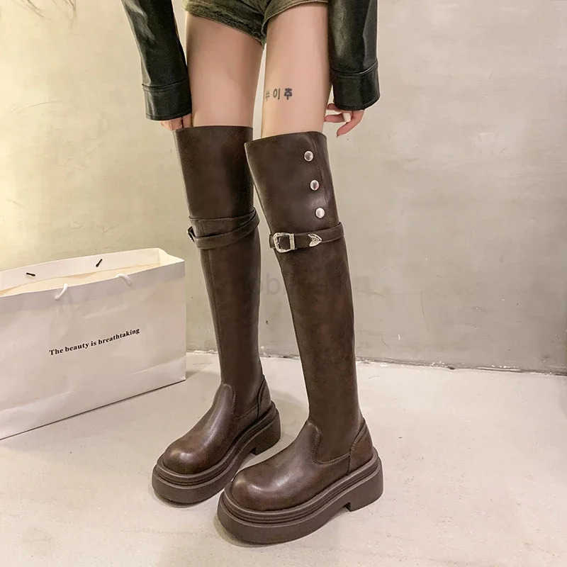 Over The Knee Square Heel Modern Boots Zipper Solid Round Toe Shoes Fem 2024 High Quality High Heel Punk Wens Boots Z250304