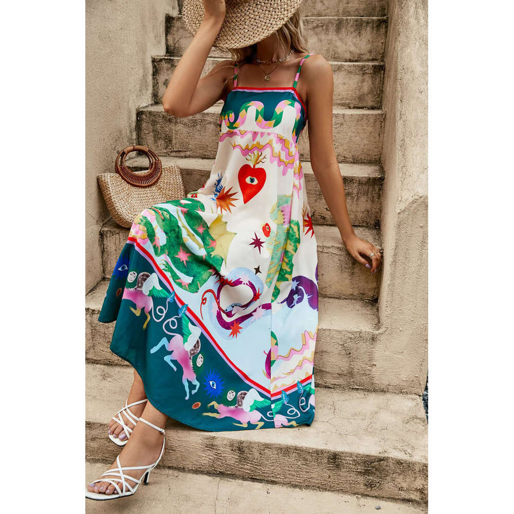 long skirt women's suspender printed cotton en sleeveless large swing dress 2025 new casual versatile fashion clothing