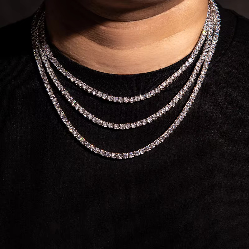 RTS Sterg Sier Hip Hop Moissanite Dia Chains 3mm 4mm 5mm Tennis Necklace Mossanite Jewelry for Men Women