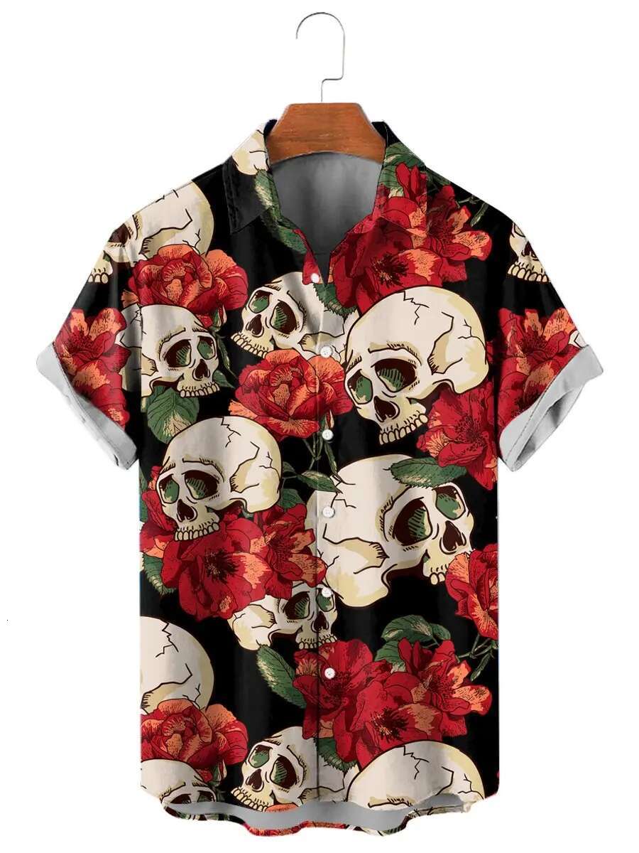 Men's Fun Skeleton 3D Personalized Printed Street Wear Designer Short Sleeve T-shirt Hawaiian Shirt Printed Collar Breathable Shirt Men's Be