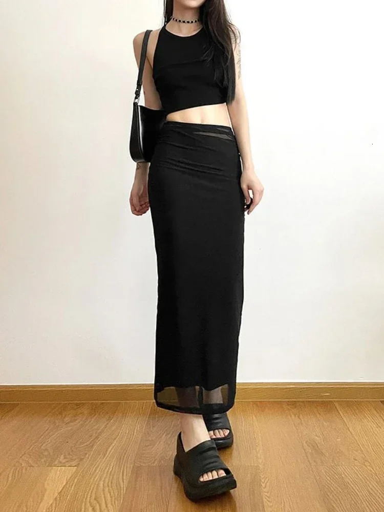 Long Skirts Women Y2k Slim All-match High Street American Retro sweet Gothic Faldas Women Summer Chic Solid Clothing Party 250228