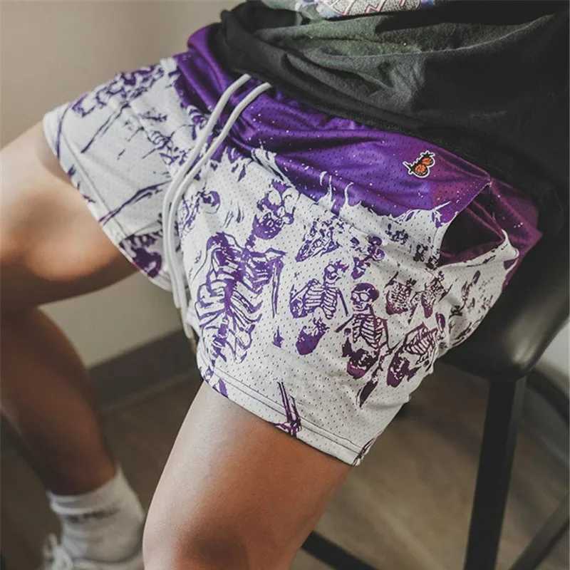 Summer New men short pant Skull Pattern Casual Shorts Street Hip Hop Fitness Polyester Fast Dry Breathable Embroidery Men ShortsT250304