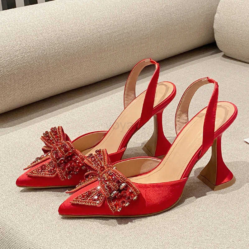 Liyke Fi Sequi Crystal Bowknot Wen Pumps Sexy Pointed Toe Red High H Wedding Banquet Shoes Ladies Slingback Sandal Z250304