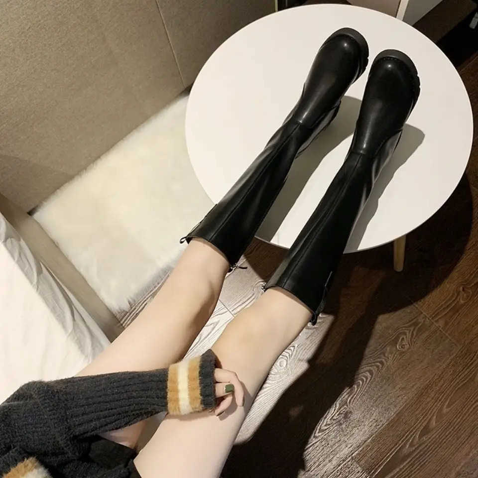 Knee High Shaft Shoes Wan Leather Round Toe Long Boots for Wen Black Designer Luxury Footwear Winter 2024 Novelty New Rock Z250304