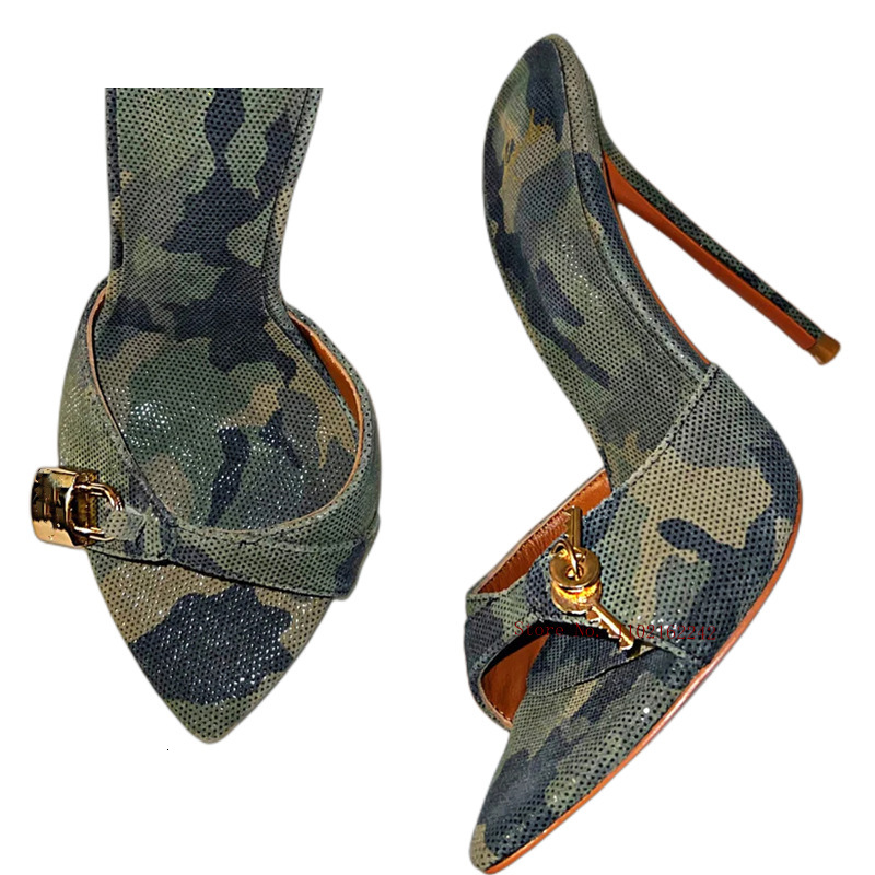 Instagram Fashion Show Camouflage Green Personalized Lock Head Key Pointed Single Shoes Sandals Stiletto High Heels