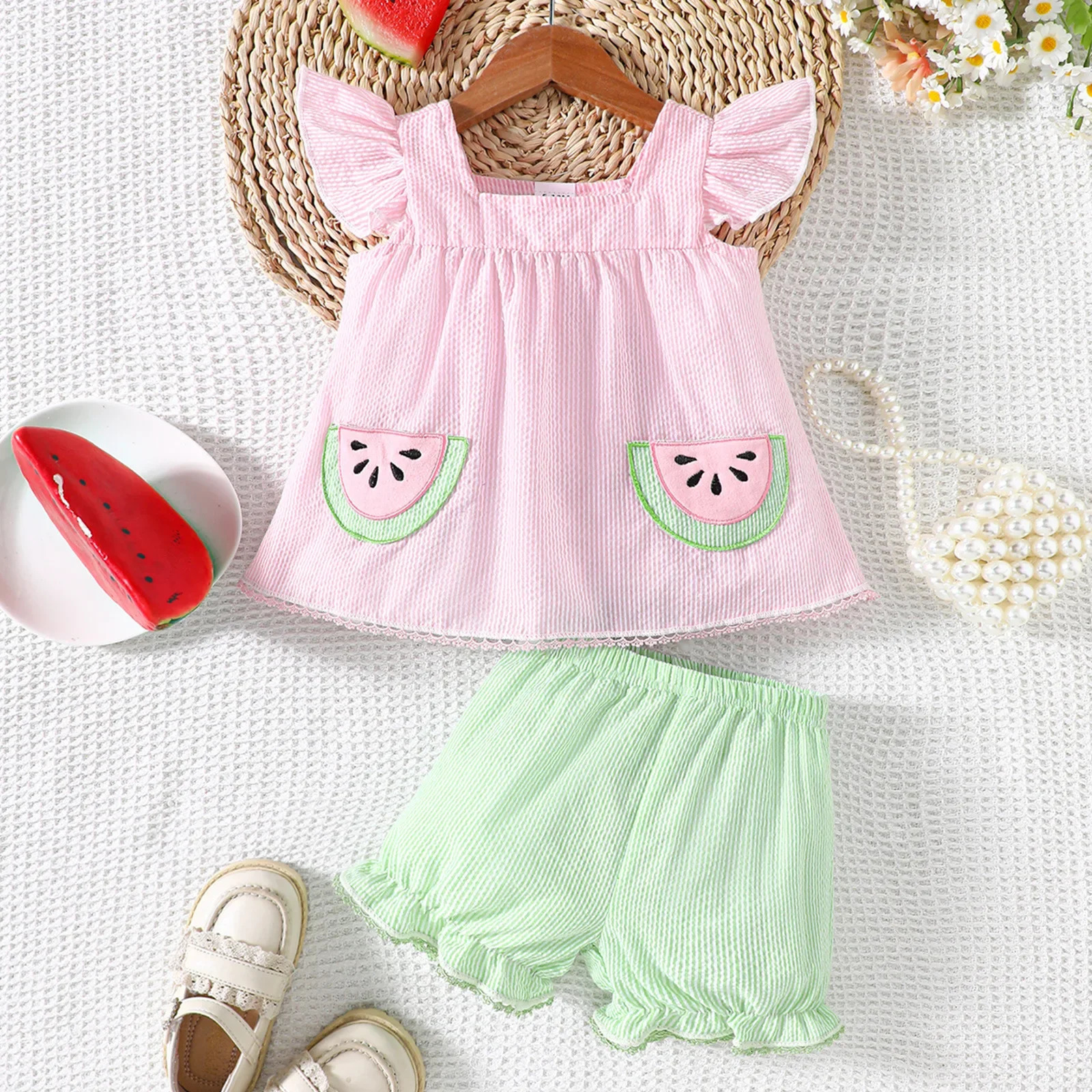 Summer Cute Baby Girl Clothing Set 0-2Y Watermelon Embroidered Pocket Flying Sleeve Top and Shorts 2 pieces of toddler clothing 250304
