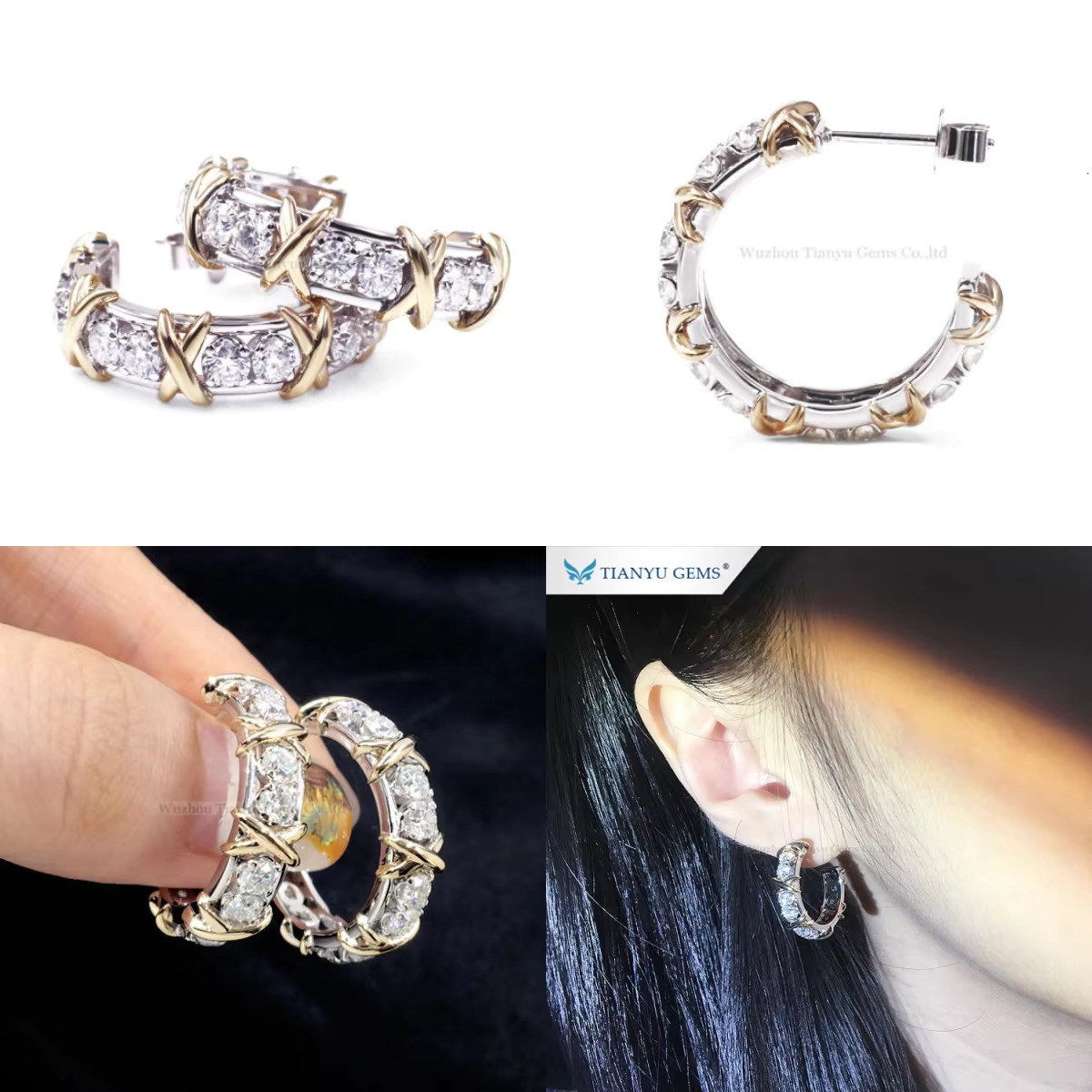 Tianyu Fine Piercing Jewelry Custom12mm 14mm Women White hies 10k 14k Gold Moissanite Dia Hoop Earrings Set