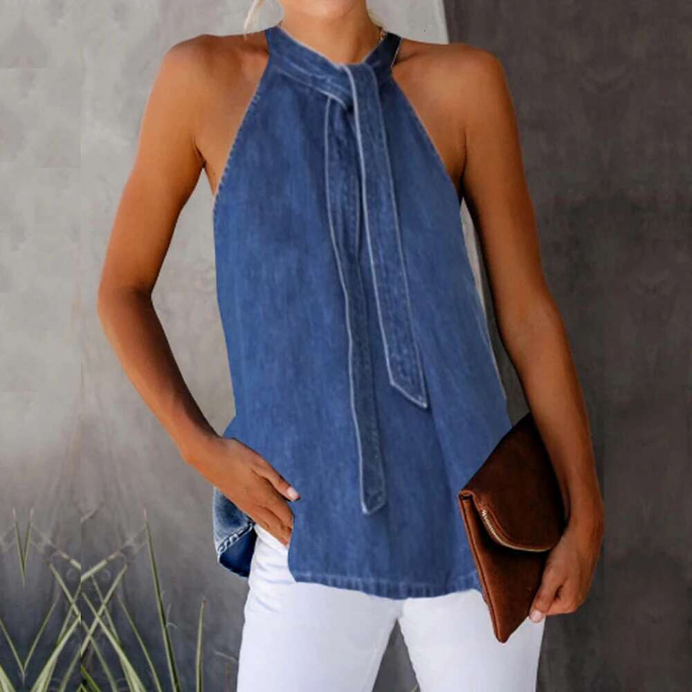 Color Women Solid Vest Sleeveless Back Button Neck Bandage Halter Blouse Top Perfect To Match With Jeans Shorts