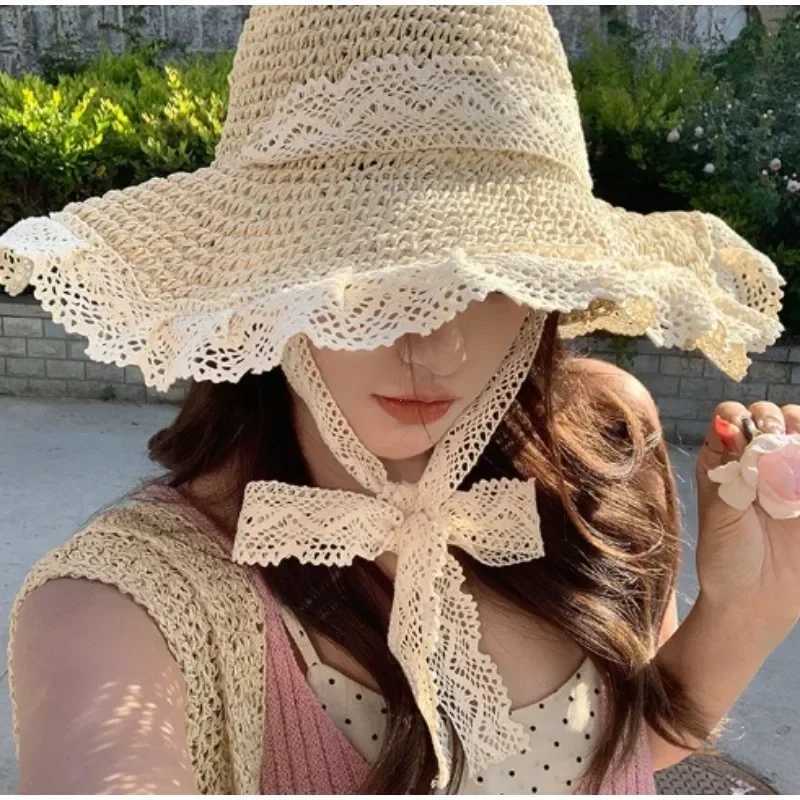 Y2K Korean Girls Sun Hat Lace Hollow Grass Knitted Hat Womens Summer Outing Sun C Beach Sunscreen Hat Sweet Fishermans CXJ250304