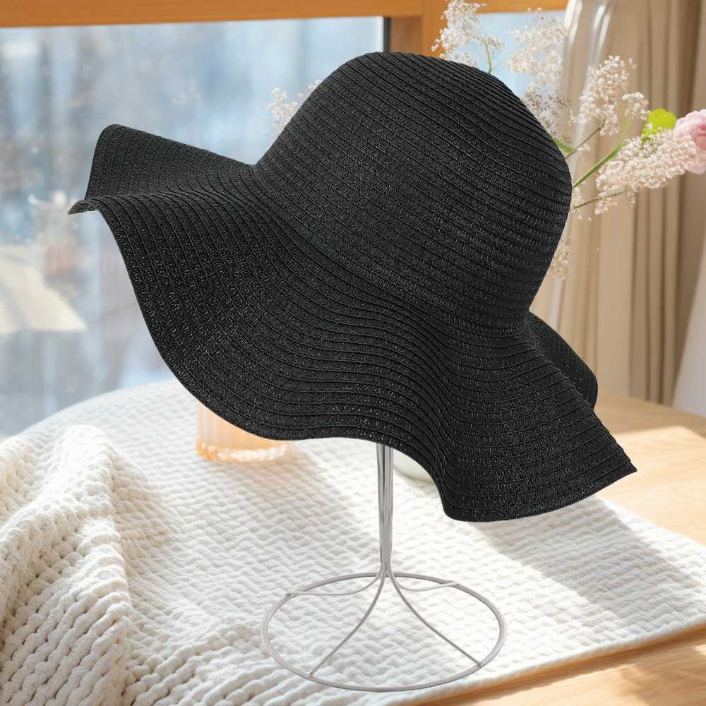 Summer Simple Solid Color Wave Edge Str Hat for Womens Outdoor Vacation Sunscreen Big Brimmed Sunshade HatXJ250304