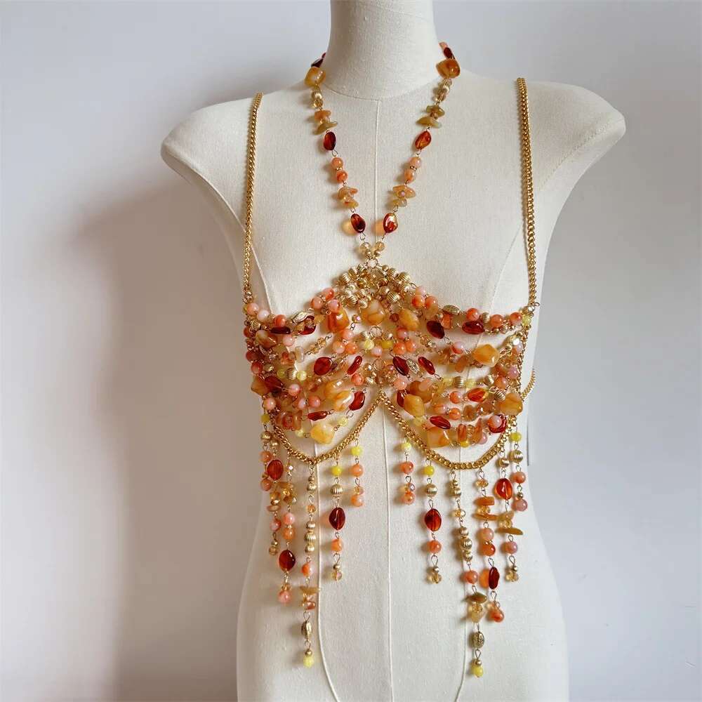 Ladies Chain Beading Camisole Vest Hollow Out Top Body Jewelry Exaggerated Pearl Neck Bustier Fashion Bra Women Club Rave